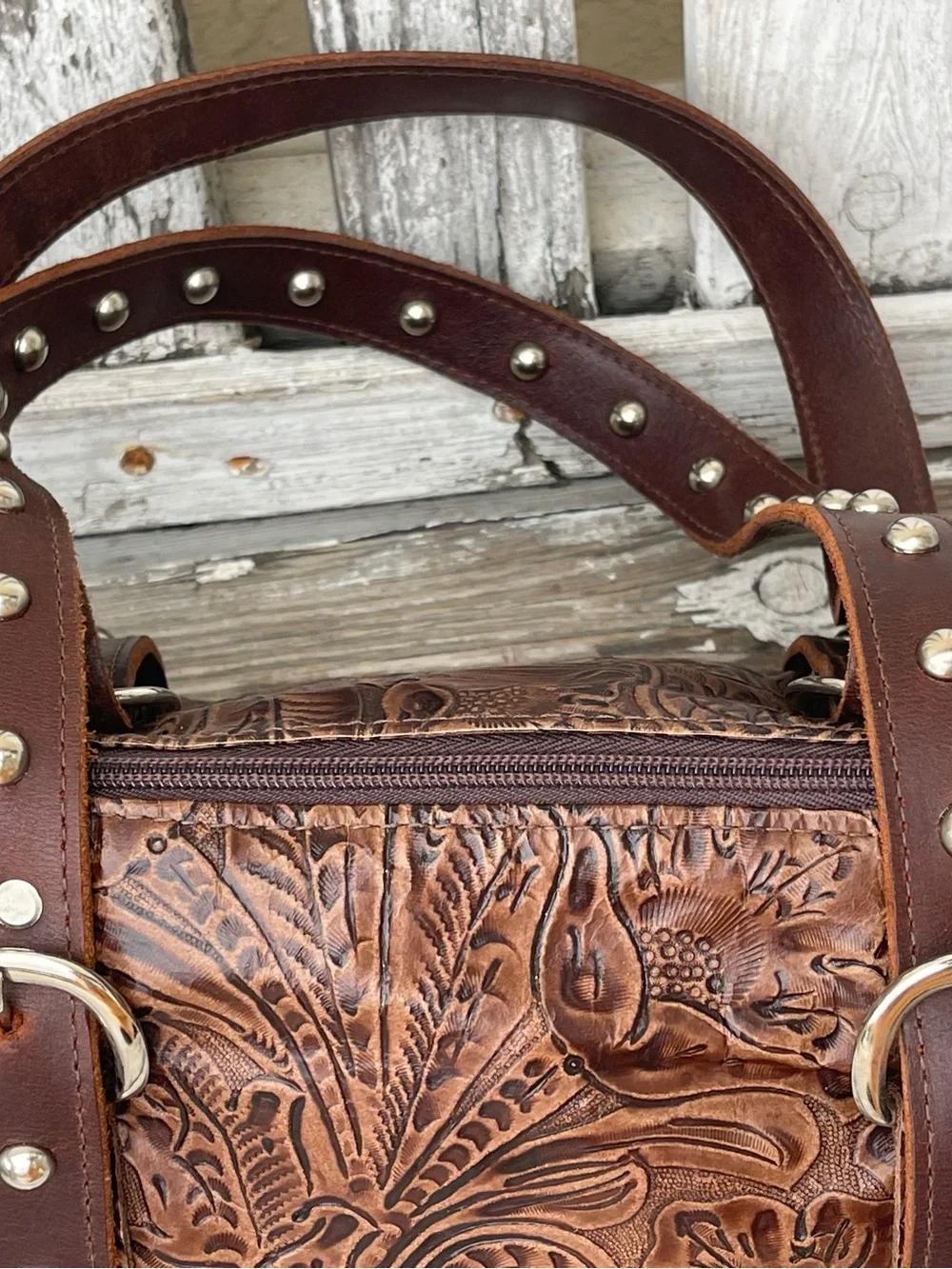 Harley-Davidson Brown Tooled Leather Barrel Satchel Shoulder Bag